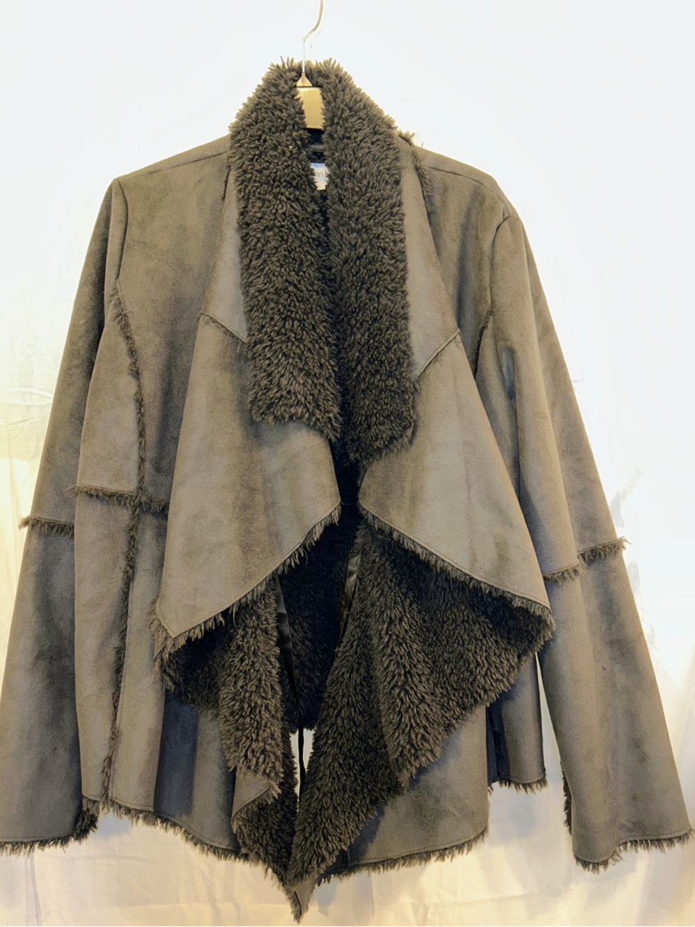 Calvin Klein Faux Suede Shearling Fur Lined Draped Waterfall Jacket Gray Sz. Lg